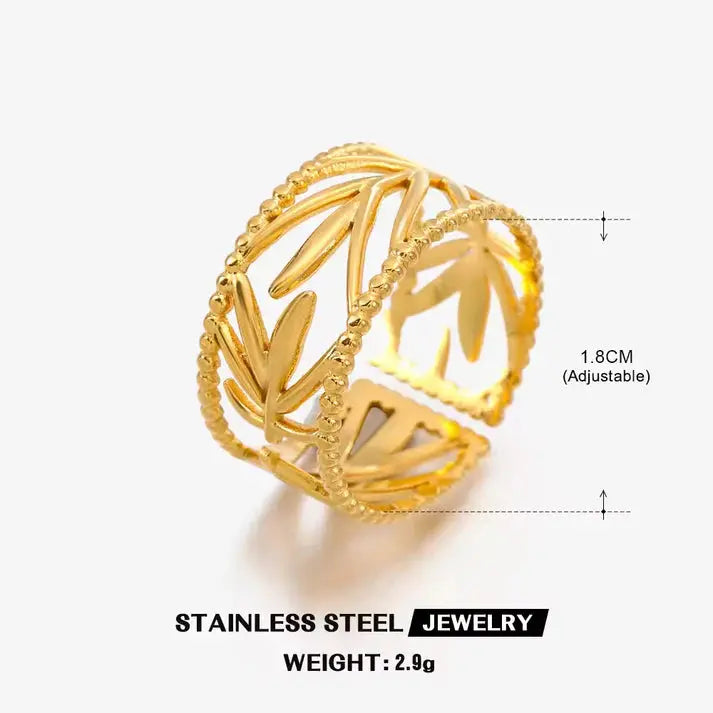 Wide Floral Art Nouveau 14k Solid Gold Statement Ring – Lightweight Vine & Leaf Design Charmora By Rohi
