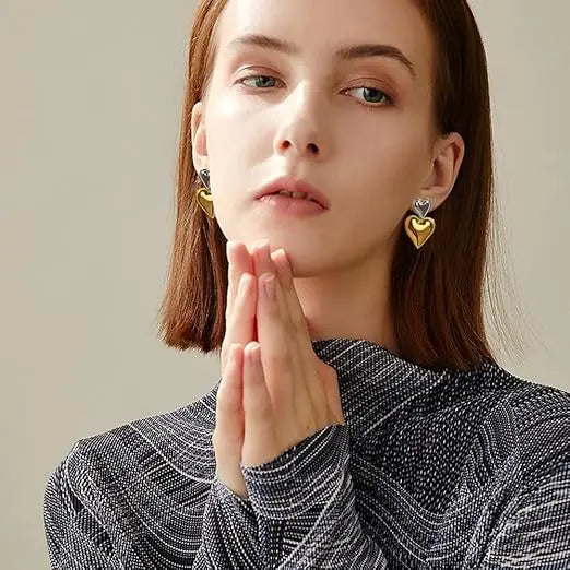 Elegant Gold-Plated Double Heart Dangle Earrings – Hypoallergenic Titanium Steel Love Pendant Jewelry for Women Charmora By Rohi
