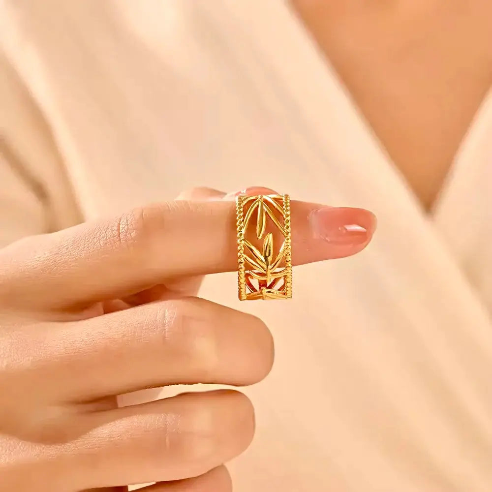 Wide Floral Art Nouveau 14k Solid Gold Statement Ring – Lightweight Vine & Leaf Design Charmora By Rohi
