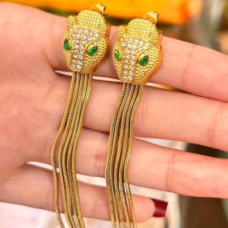 Luxury Leopard Head Tassel Stud Earrings for Women Charmora By Rohi