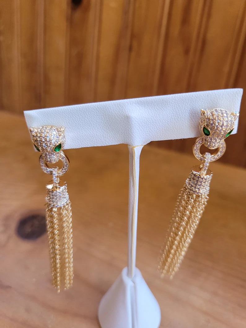 Luxury Leopard Head Tassel Stud Earrings for Women Charmora By Rohi
