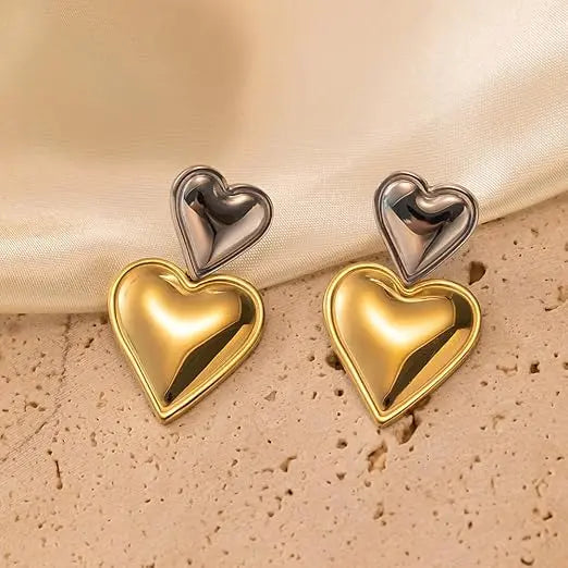 Elegant Gold-Plated Double Heart Dangle Earrings – Hypoallergenic Titanium Steel Love Pendant Jewelry for Women Charmora By Rohi