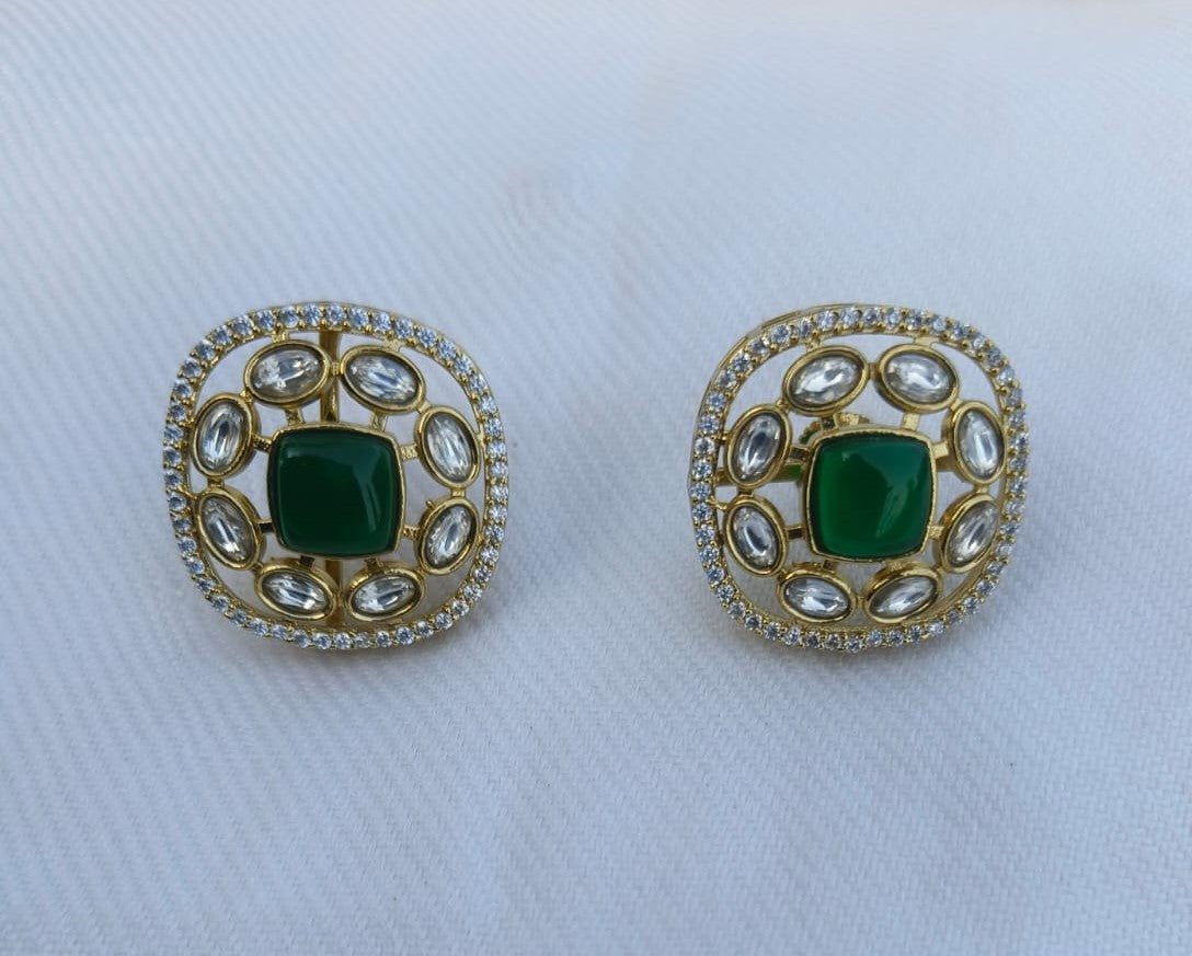 Floral Stud Earrings with White & Green Stones Charmora By Rohi