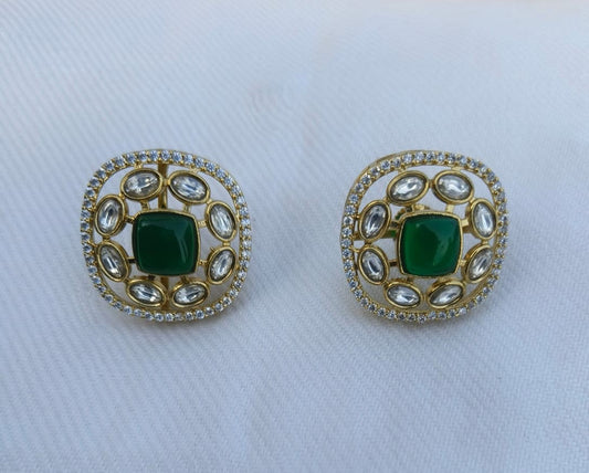 Floral Stud Earrings with White & Green Stones Charmora By Rohi