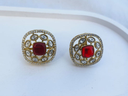 Floral Stud Earrings with Red & White Stones stud Charmora By Rohi