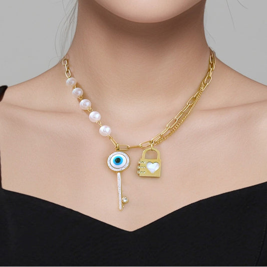 Gold Heart Key, Evil Eye & Pearl Stainless Steel Necklace for Women Charmora By Rohi