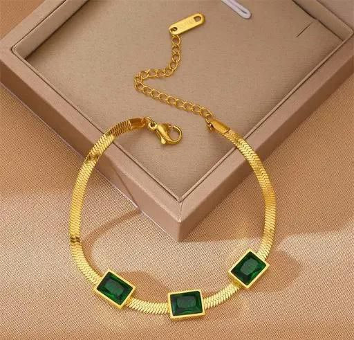 Gold plated stainless steel green emerald bracelet Charmora By Rohi