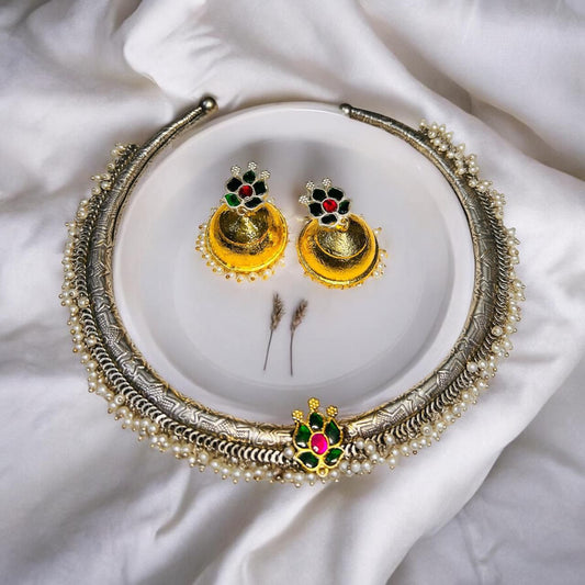 Antique Silver-Plated Choker & Gold Jhumka Set with Colorful Floral Detailing and Pearl Accents Charmora By Rohi